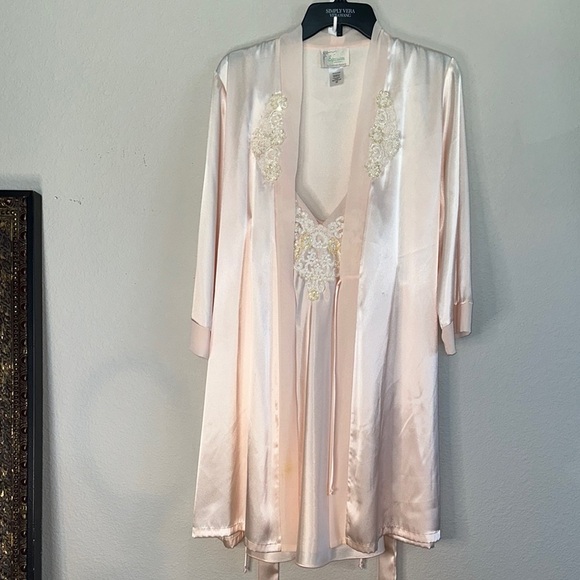 Expressions Cream Satin Robe with Elegant Lace - Picture 1 of 7